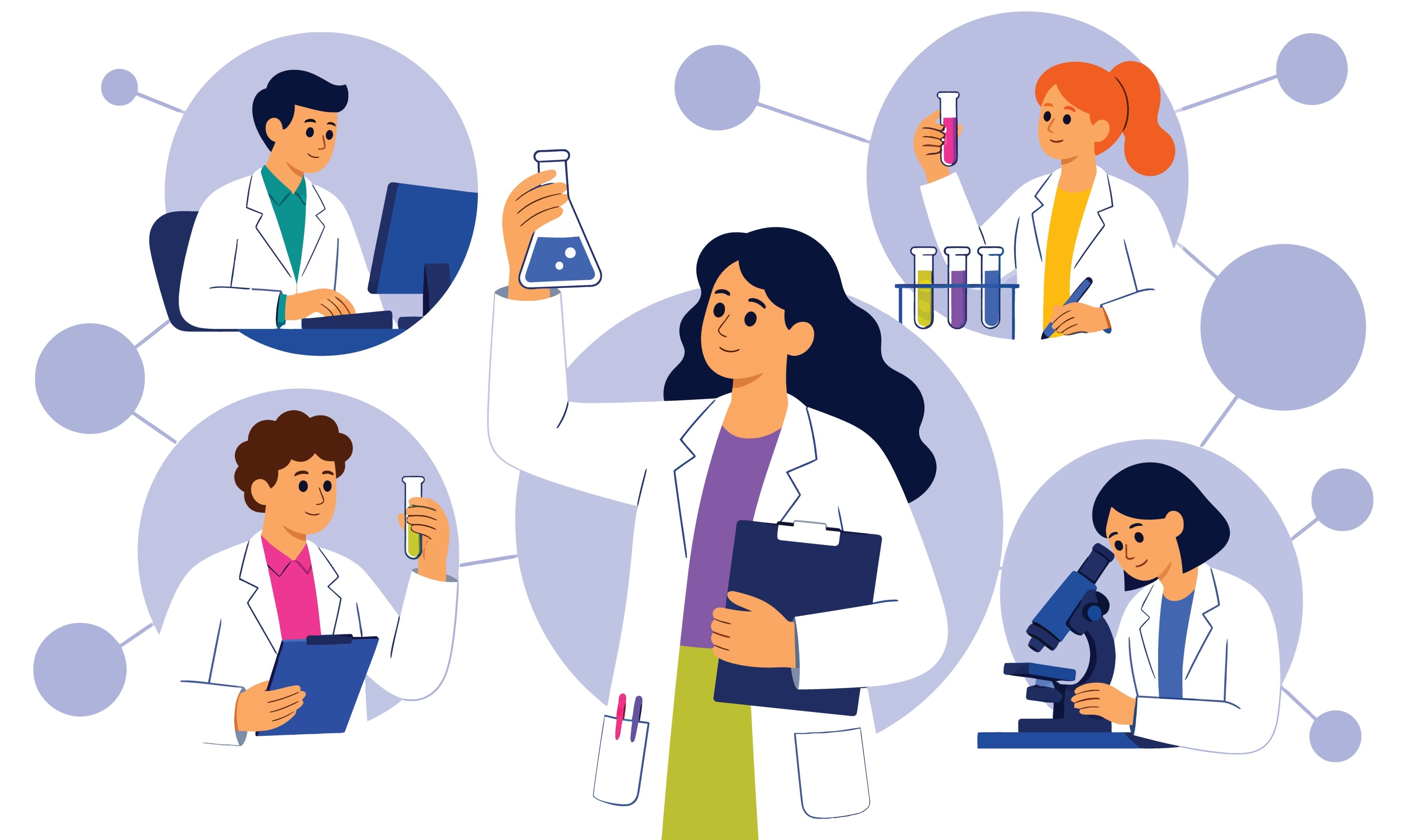 Diverse medical professionals teamwork in healthcare research collaboration.