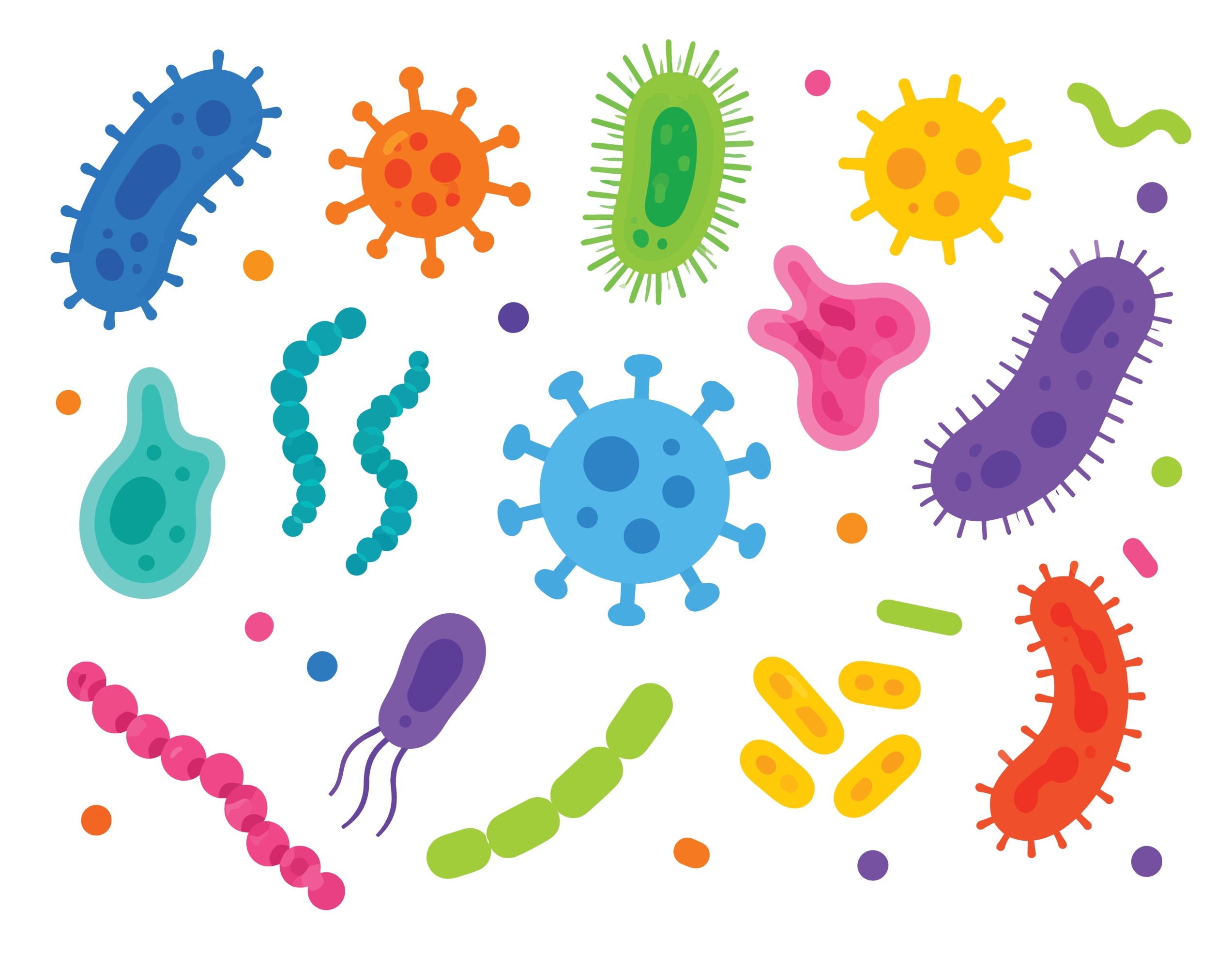 Collection of colorful cartoon bacteria, viruses, and microorganism shapes on a white background.