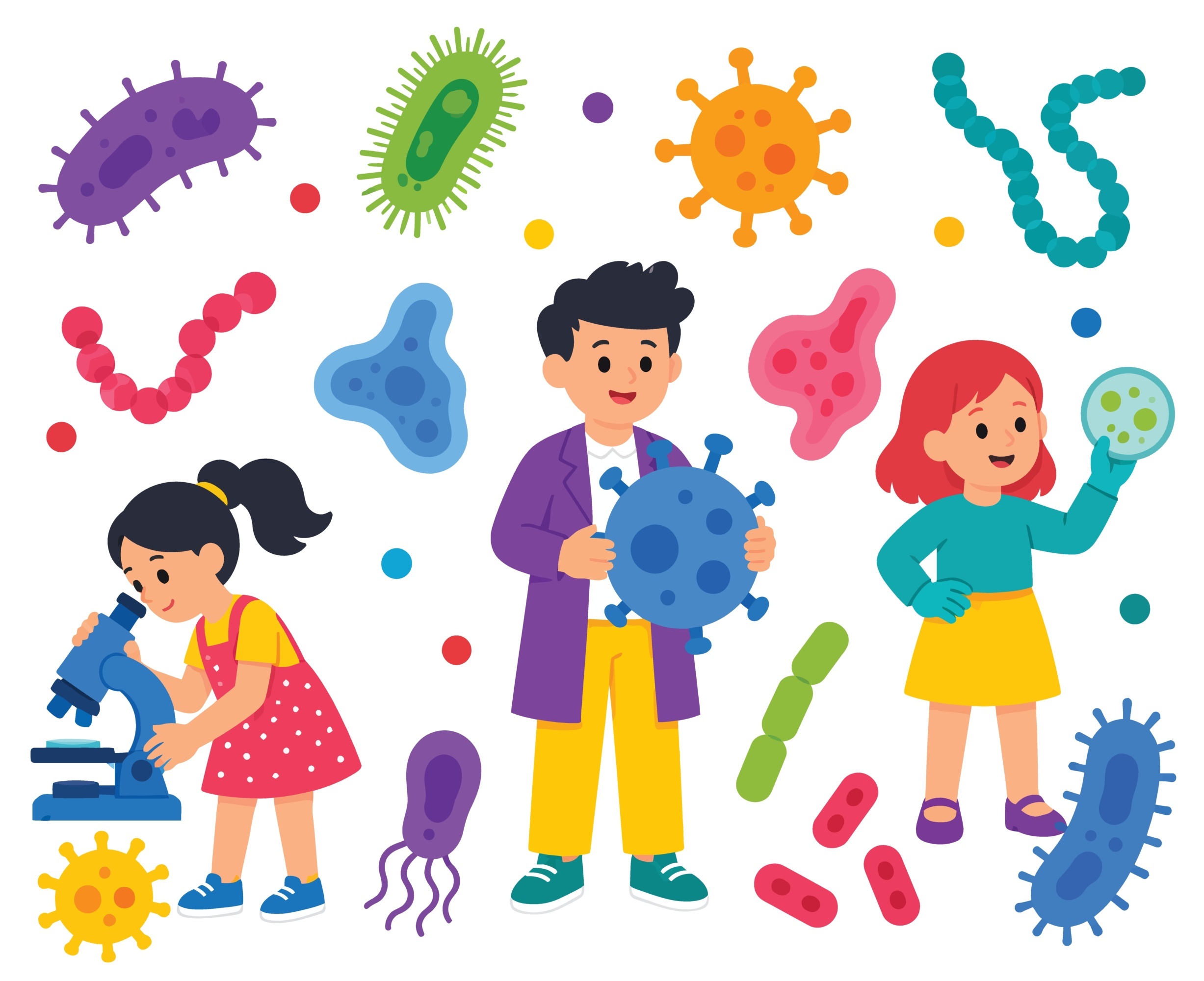 Young students learning about microbiology with bacteria and virus models in a science setting.