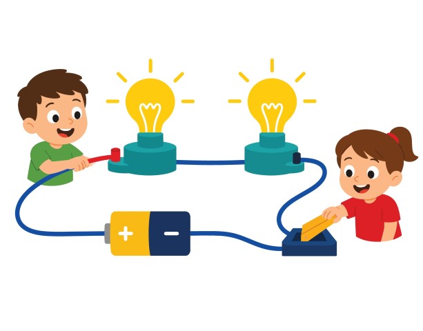 Curious children exploring basic electrical circuit with glowing light bulbs and battery.