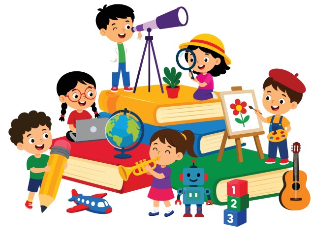 Happy children learning together with educational elements and global exploration tools.