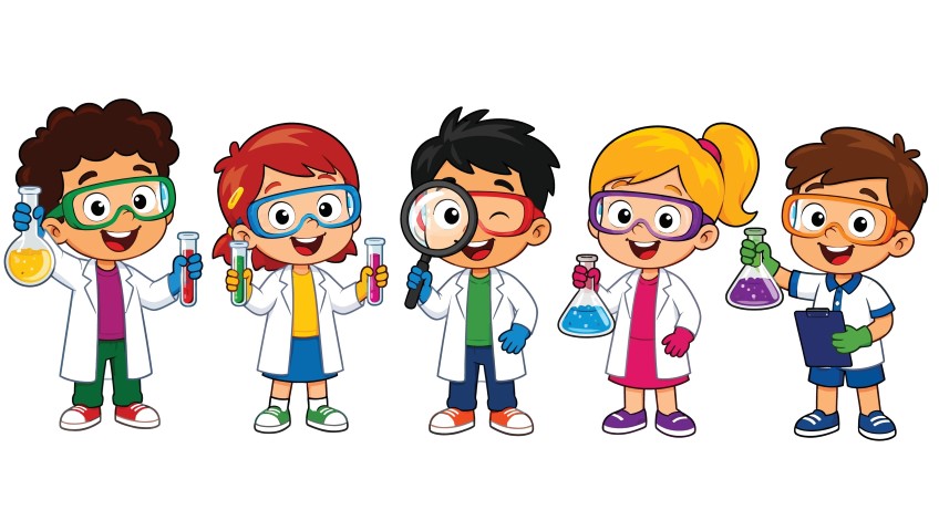 Group of cheerful kids in white lab coats conducting science experiments.