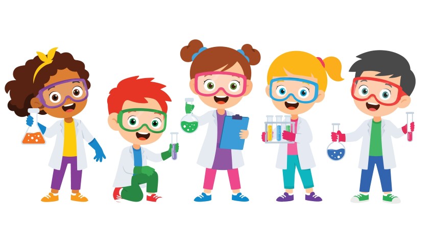 Curious elementary school children playing with colorful liquids in science lab.