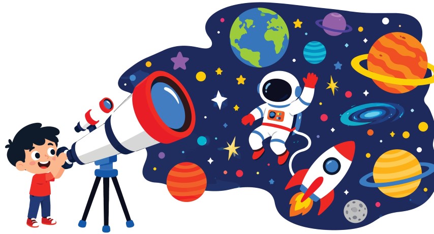 Curious young boy exploring the deep space using a professional telescope.