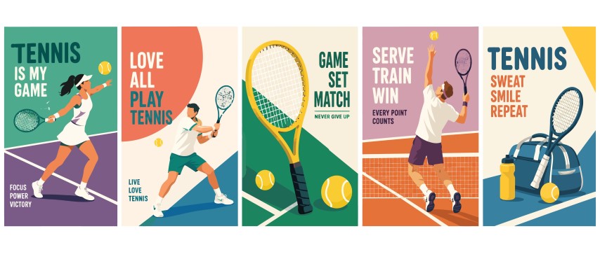 Tennis sport posters set with players and equipment.