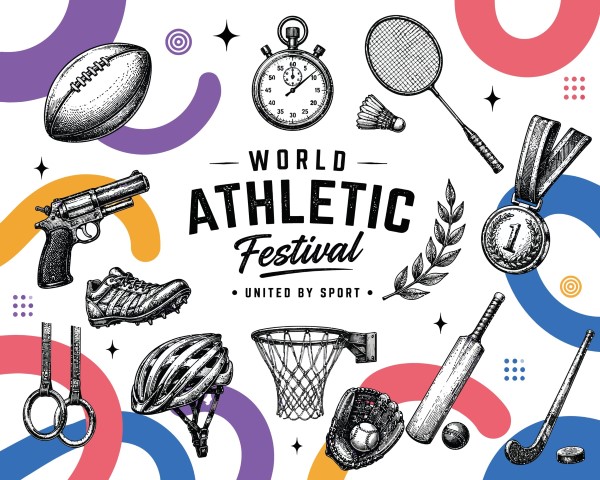 Hand drawn world athletic festival sports equipment set.