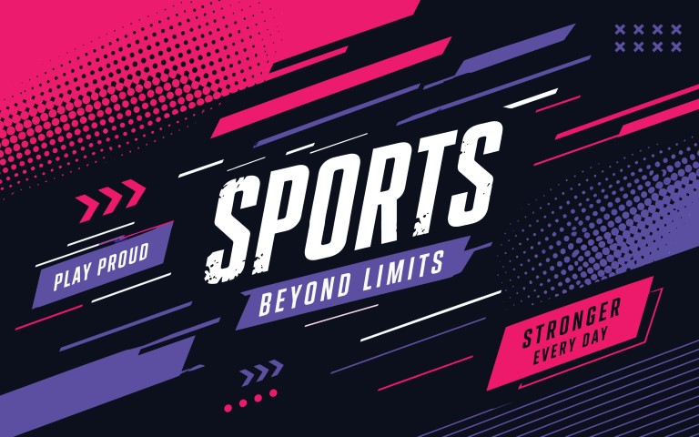 Dynamic sports banner with abstract graphic elements and typography.
