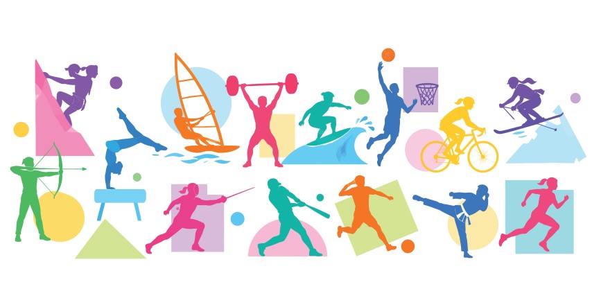 Colorful active people engaging in various sports activities.