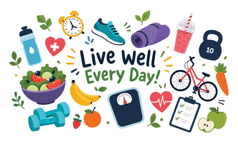 Healthy lifestyle elements and icons for fitness and well-being.
