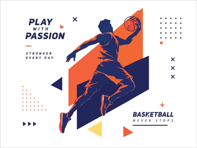 Dynamic basketball player in action graphic.