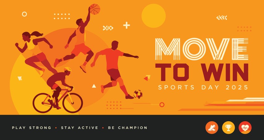 Sports day event banner with active people silhouettes.