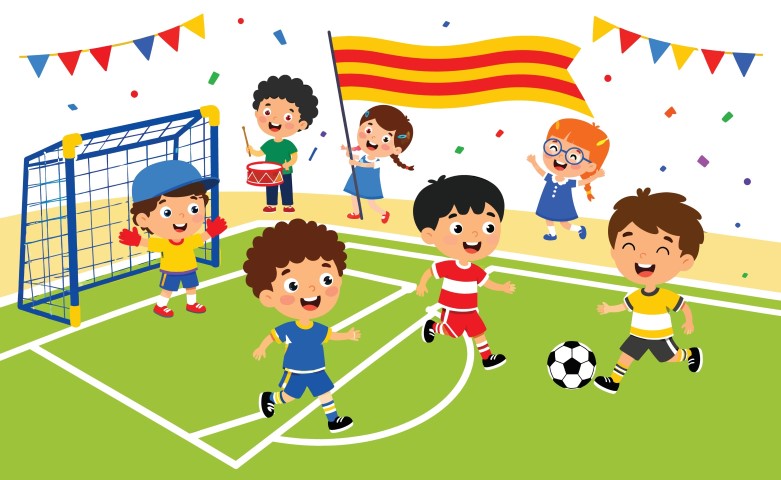 Exciting football championship match with youth players kicking soccer ball on green field.