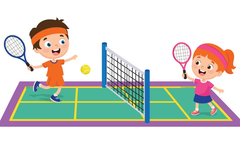 Young boy and girl playing a friendly tennis match on open court.