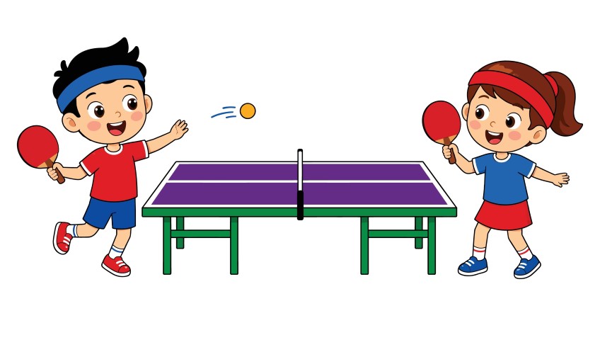 Energetic young boy and girl playing an exciting table tennis match.