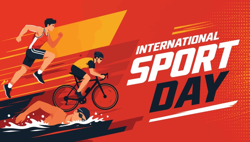 International sport day concept with running cycling and swimming athletes.