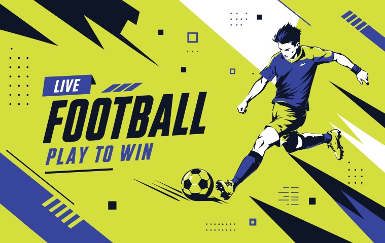 Live football sports banner with player kicking ball.