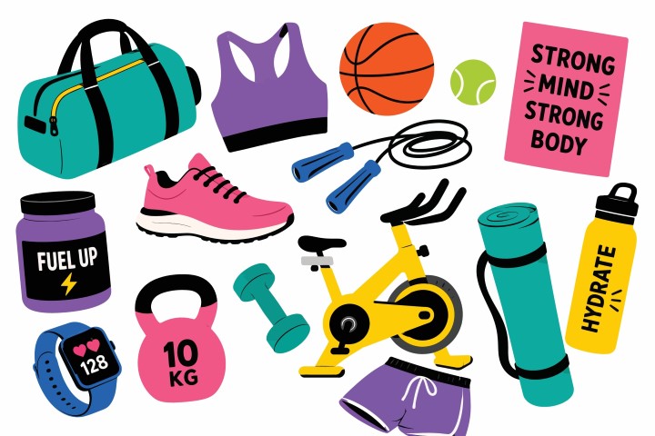 Collection of gym and fitness equipment set.
