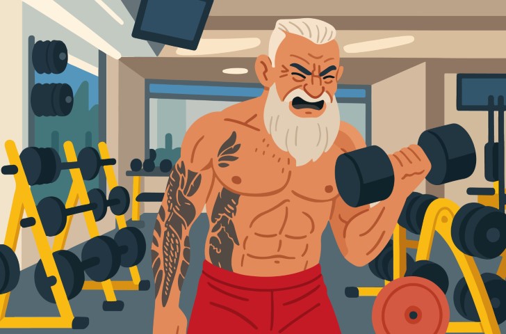 An Ambitious Elderly Man Lifts Weights In The Gym, Displaying Determination And Strength.