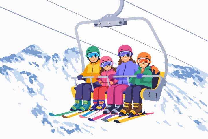Winter holiday joy of a happy family traveling towards the summit by chairlift in the unique landscape of snowy mountains.