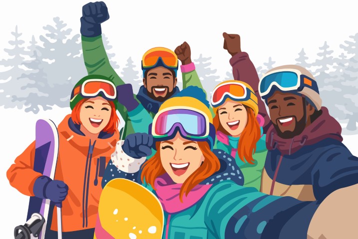 Enthusiastic selfie moment of a joyful group of friends enjoying their winter vacation on snowy mountain peaks.