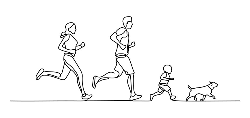 A family comes to life with a minimal hand-drawn design while running in nature with their cute dog.