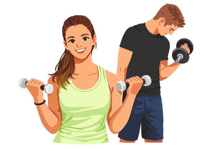 Fit duo performing weightlifting exercises in a modern fitness gym.