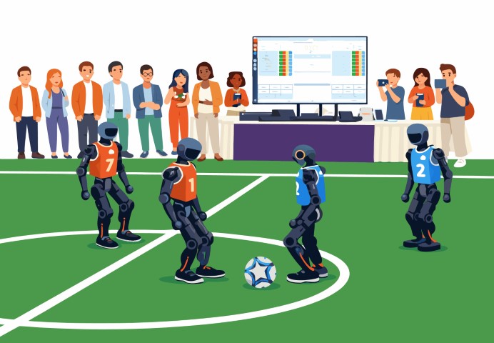 Team of robotic players and a human coach on a sports field.