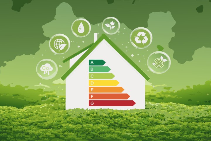 Eco friendly home icon showing high energy efficiency rating.