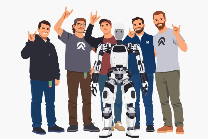 Scientists gathering in the lab and successfully standing up an advanced humanoid robot.