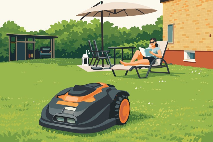 Automatic robotic lawn mower maintaining a perfectly manicured backyard garden near a house.