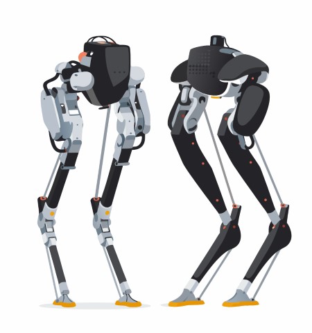 Two slender robotic legs walking forward in a clean and minimalistic environment.