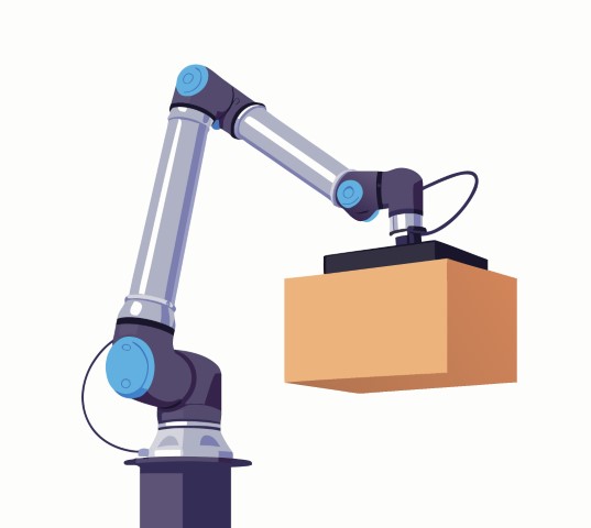 Large industrial robotic arm lifting a cardboard box in a smart logistics warehouse.