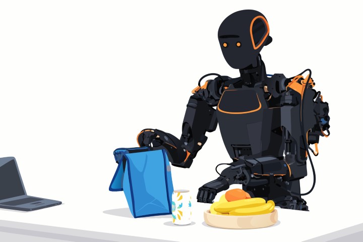Black sleek robot organizing groceries and items on a kitchen counter.