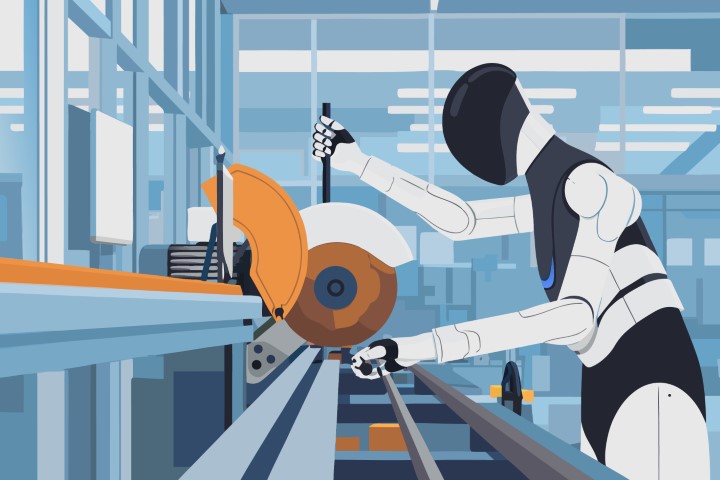 Industrial robot using a circular saw to cut materials in a manufacturing workshop.