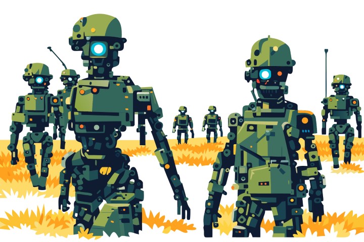 Squadron of military robots standing in formation on an outdoor battlefield.