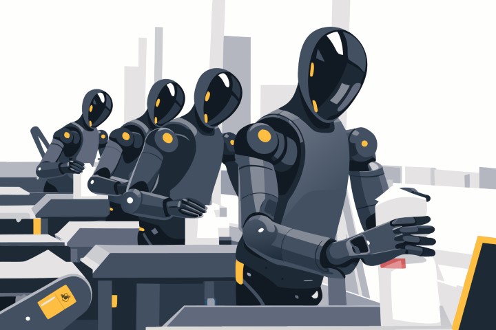 Line of identical humanoid robots standing in a modern industrial corridor.