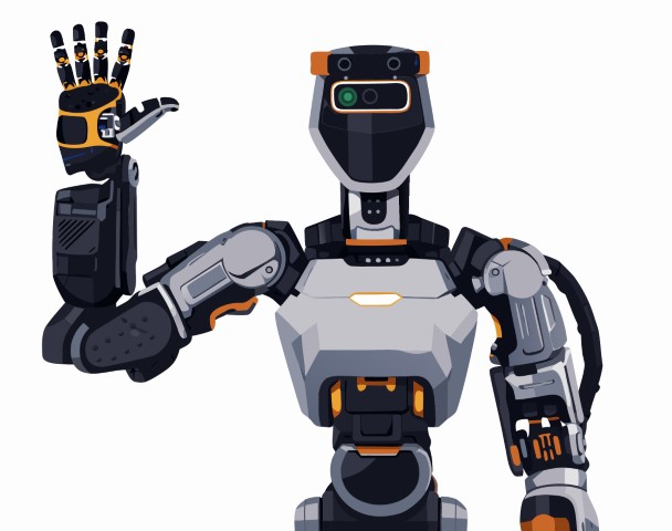 Friendly humanoid robot waving a hand in a welcoming and cheerful gesture.
