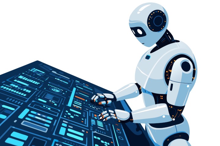 Humanoid robot interacting with a complex blue digital data interface screen.
