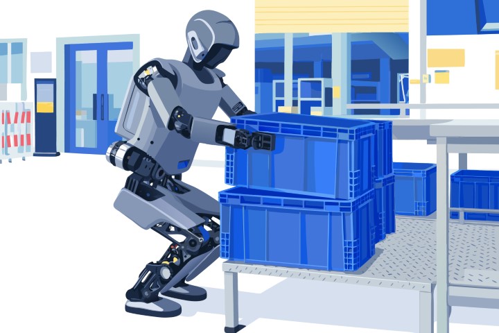 Humanoid robot organizing blue plastic crates in a modern industrial warehouse.