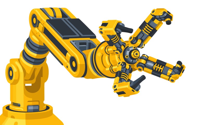 Yellow industrial robotic arm with a specialized gripper for heavy duty tasks.