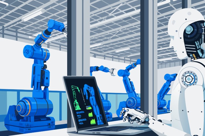 White robotic assistant working at a desk alongside human colleagues in an office.
