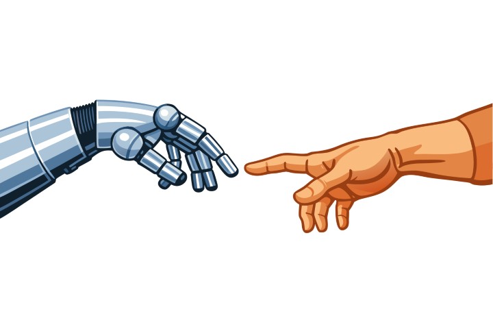 Human hand and a robotic hand reaching out towards each other on a white background.