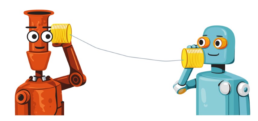 Two small vintage style robots communicating with each other using a tin can telephone.