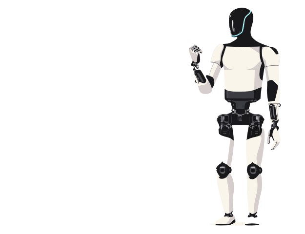 Humanoid robot stands alone in a minimalist and bright white space.