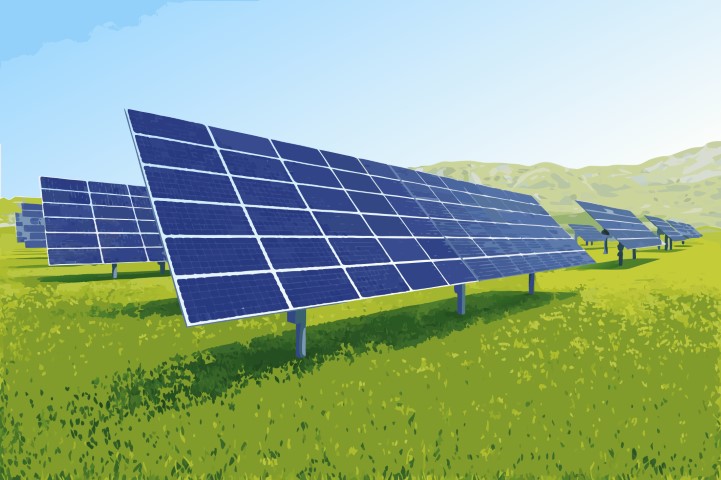 Large solar panel array generating clean energy in a green field.
