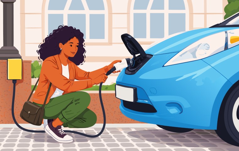 Electric car being charged by a woman at a modern charging station.