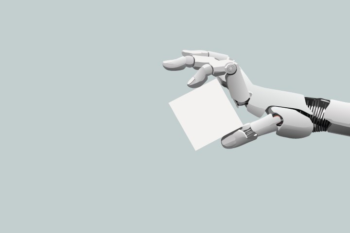 Mechanical robotic hand holding a square white card for copy space.