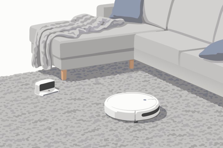Modern white vacuum cleaner robot cleaning a grey carpet in a cozy living room.