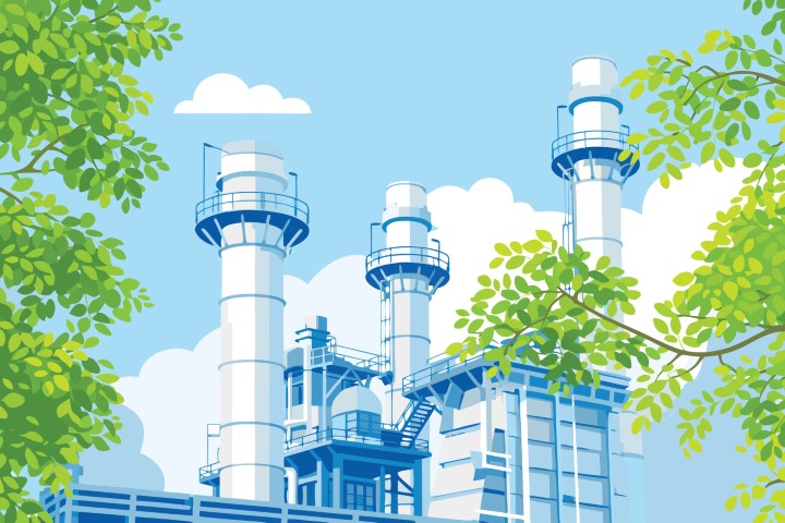 Large industrial factory plant with green trees in a sunny outdoor landscape.