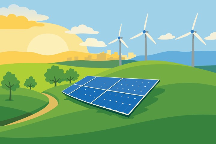Modern solar panel farm and wind turbines on green hills under a bright sun.